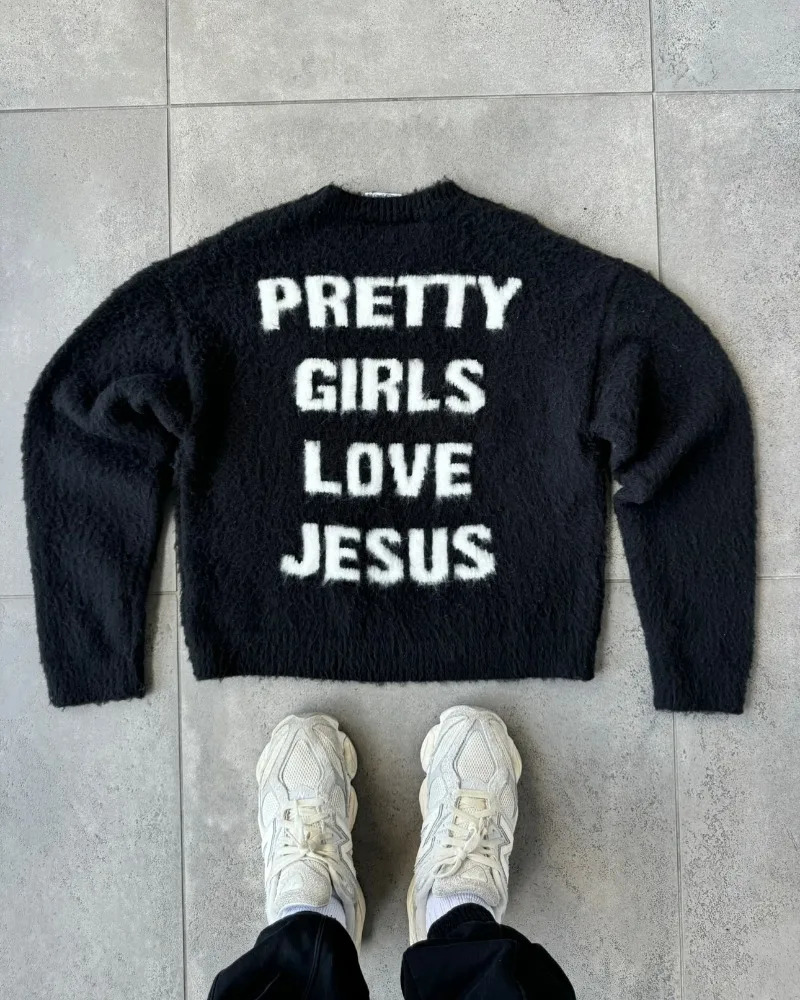 2025 American High Street Couple sweater men and women winter loose letter crewneck knitwear street trend retro pullover 250929
