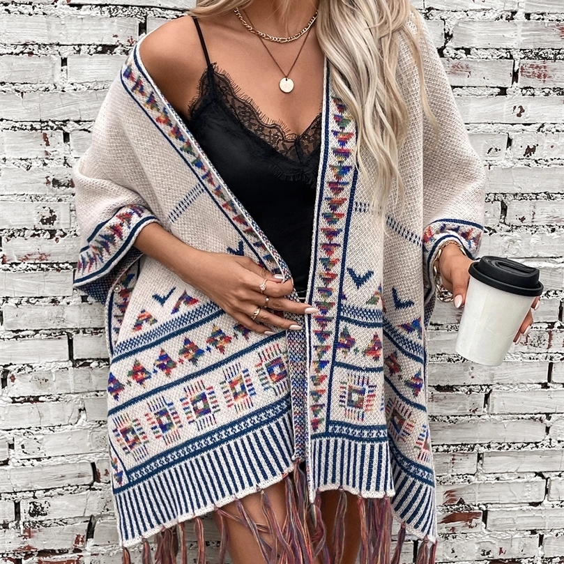 Large size womens autumn and winter long contrasting tassel knitted cape sweater jacket 240701wtt