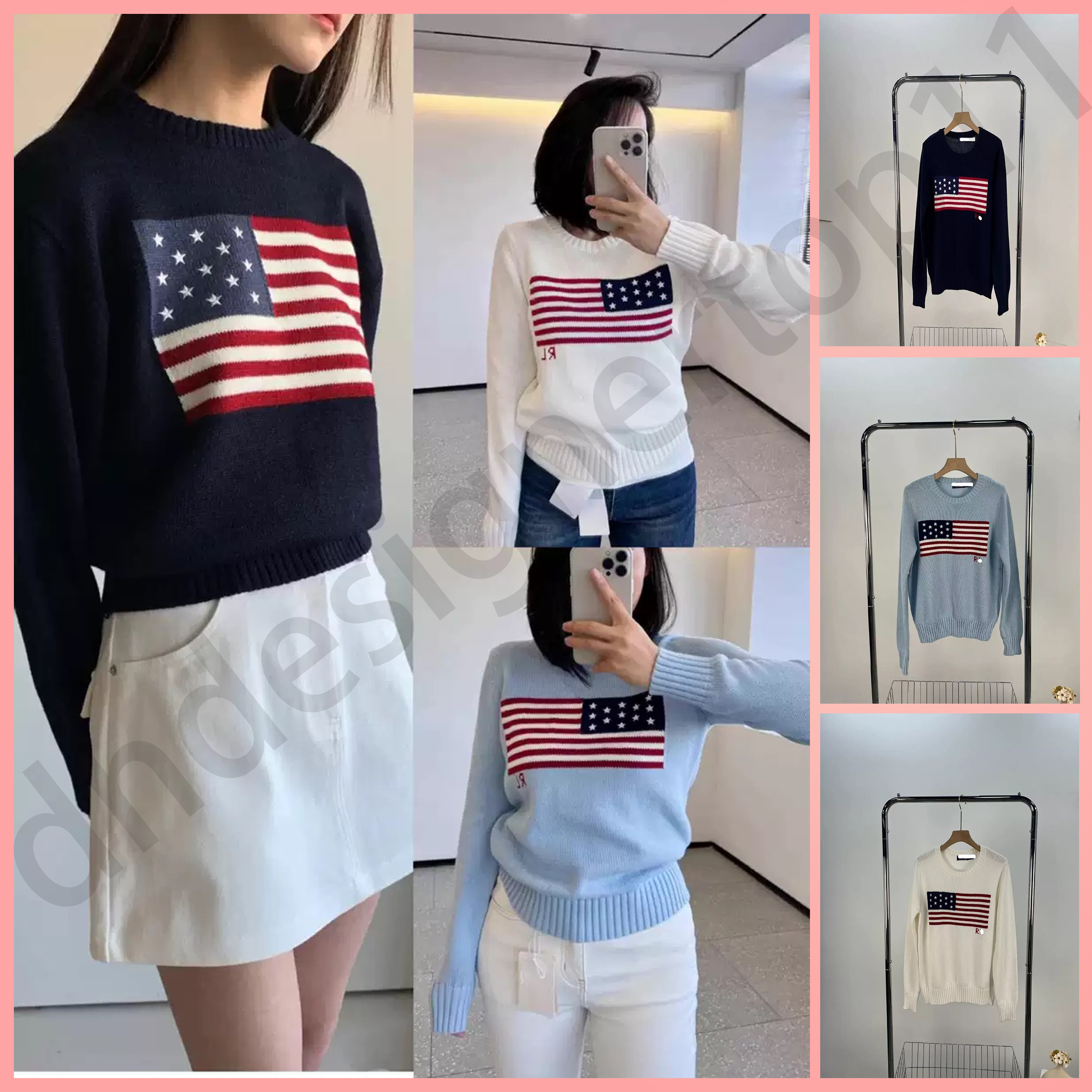 RL new loose round neck designer sweater Men's and women's sweaters flag pattern, simple multifunctional knitted sweater, suitable for both men and women, high-quality
