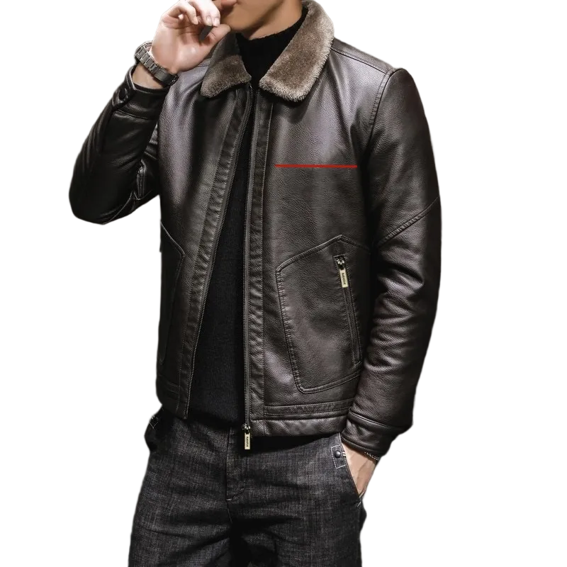 Leather Jacket Black Brown Slim Fit Warm Outdoor Windproof Biker Male Fashion Zipper Solid Coat Men's Jackets Cool Style Men Fake Fur