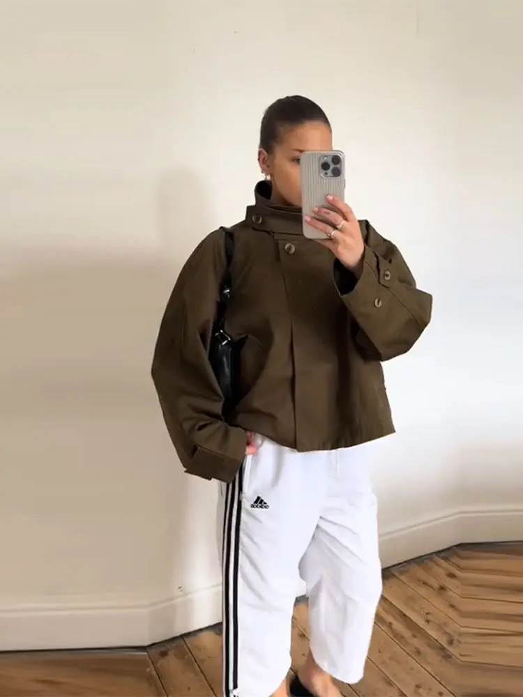 Fashion Womens Trench Jacket Stand Collar Single Breasted Long Sleeve Casual Outerwear 2025 Autumn Street Lady Short Coats 250929