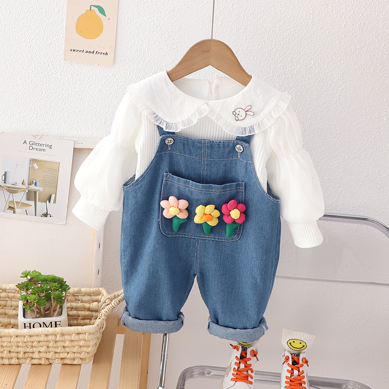 2025s New Spring & Autumn Toddler Girls' Denim Suspender Pants Set Stylish Trendy Long-Sleeve 2 Piece Outfit