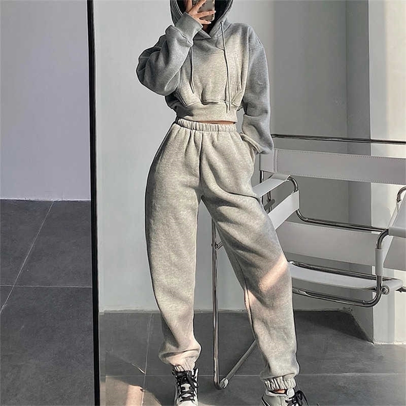 Women's Tracksuit Crop Top Hoodies Two Pieces Set High Waist Pullover Hooded Joggers Suit Female Autumn Lady Sportwear Sets 210925wtt