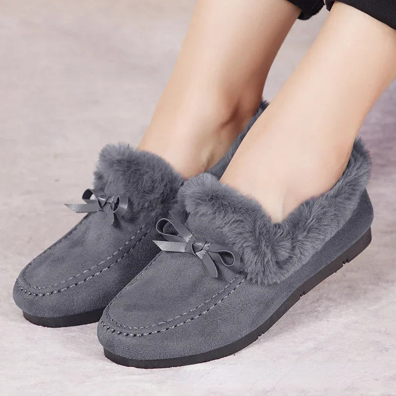 Women Winter Casual Shoes Moccasins Soft Flat Nonslip Loafers Fashion Comfort Warm Plush Bow Slip on Female Cotton Shoes 250930