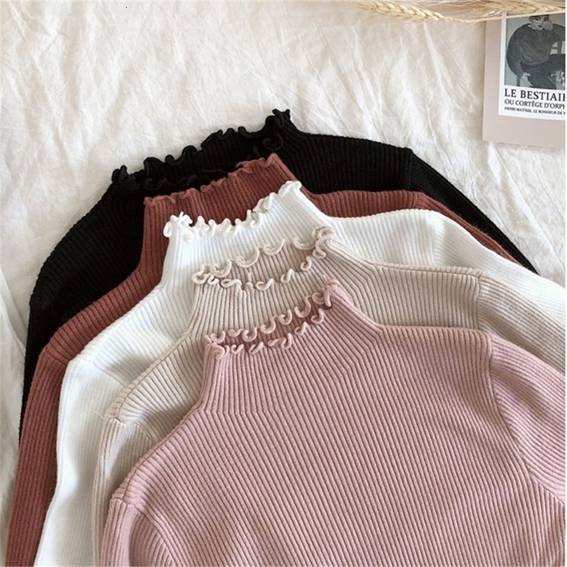 shintimes Women Sweater Slim Sexy Knitted Turtleneck Ruched High Elastic Solid Fall Winter Fashion Sweater Women Pullovers 201111wtt