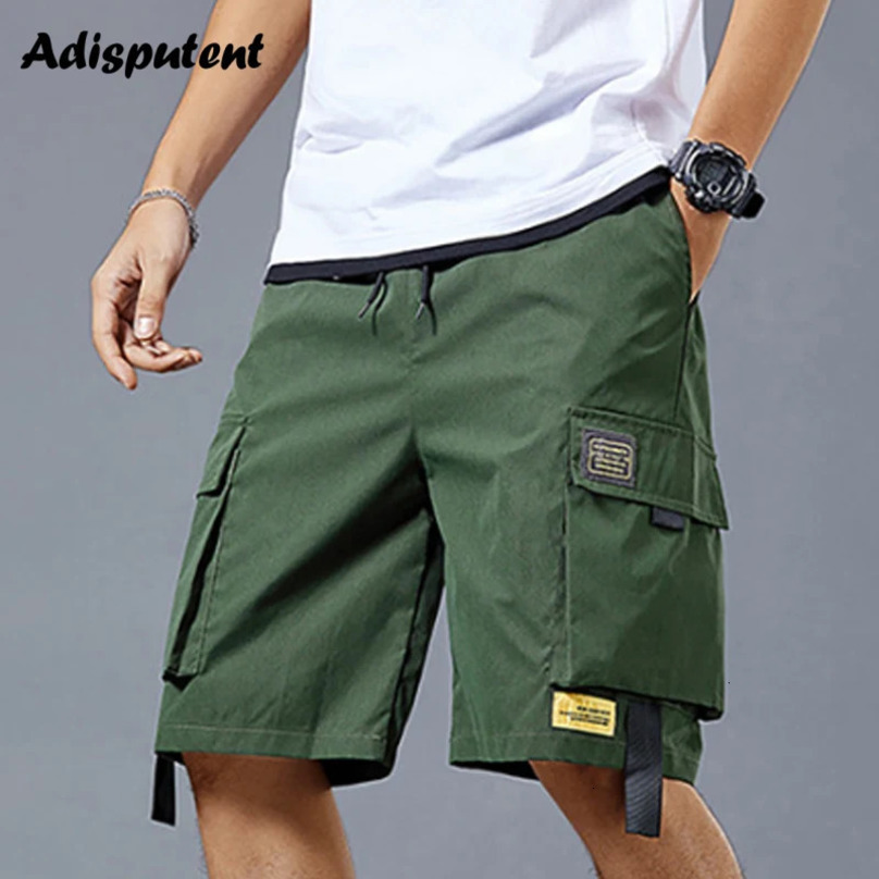 Men Cargo Shorts Tactical Joggers Work Casual Pants Male Multi Pockets Buttons Loose Wide Leg Knee Length Summer 240620