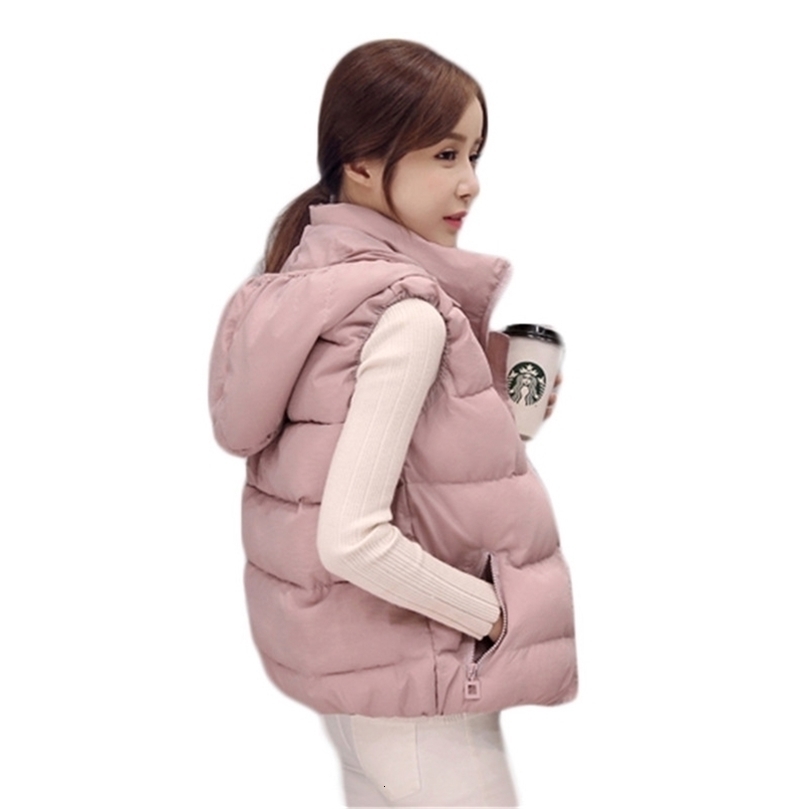Autumn Winter Down Cotton Vest Women Short Slim Small Girls Students Hooded Sleeveless Coat Korean Chic Pink Outwear H702 211130wtt