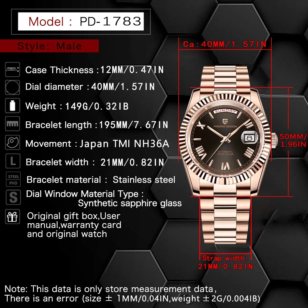 PAGANI N y Rose Gold DD40 Automatic Watch For Men NH36A Mechanical Wristwatch Stainless steel Waterproof 250925