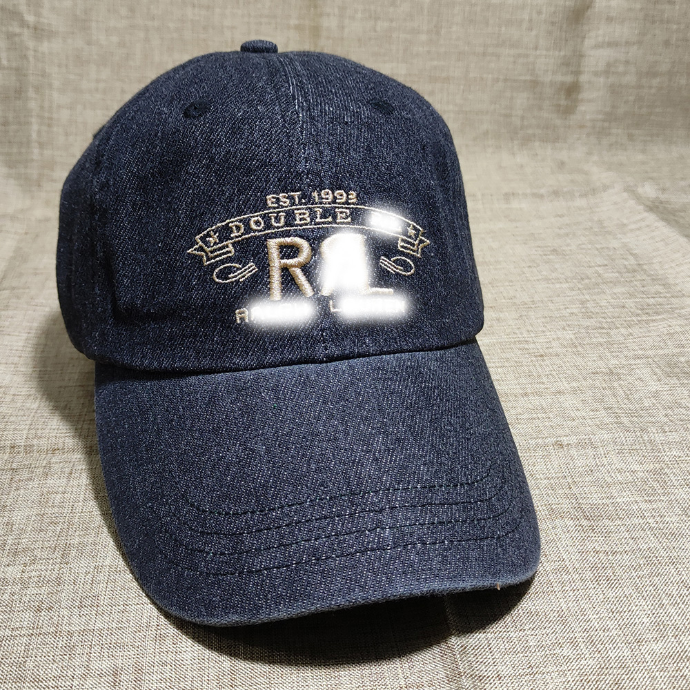 Classic R R L P Series Baseball Cap Embroidered R Spell Leather Strap Back Black Denim Corduroy Brim Tags Lable Cotton Fabric Chino Adjustable Size Bones
