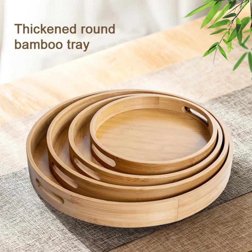 Bamboo Round Tea Tray Simple Wooden Storage Trays el Home Breakfast Dessert Food Serving Kitchen Supplies 240708