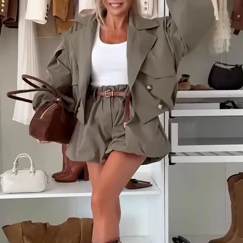 Elegant Lapel Collar Trench Coat Skirt Outfit Women Fashion Hight Waist Solid Mini Skirt Suit Casual Long Sleeve Loose 2Pc Set 250929