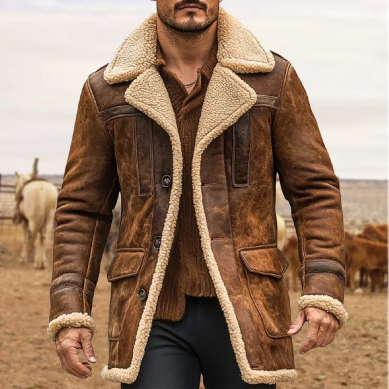 Mens Vintage Suede Leather Patchwork Outdoor Jacket Lamb Shearling Fleece Lined Reverse Collar Coat with Multiple Pockets 250924