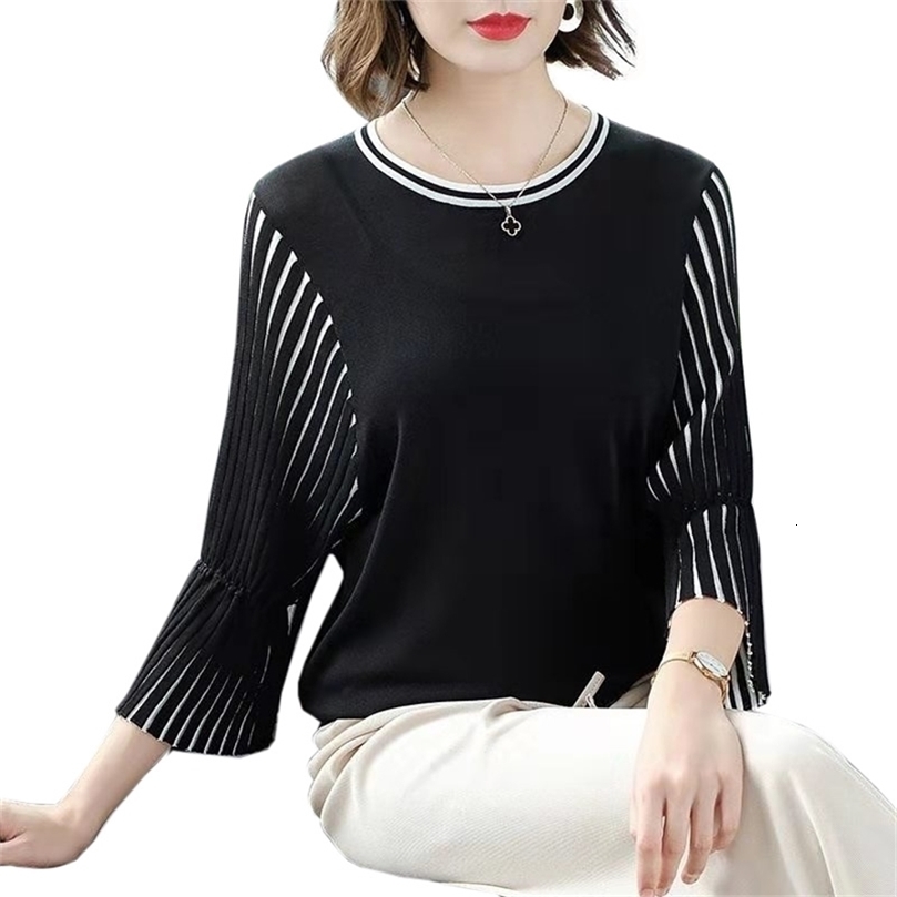 Spring Knit Top Women New Loose Casual Korean Pullover Thin Sweater Black Stripes Summer Fashion Knit Thin Sweater Women 201030wtt