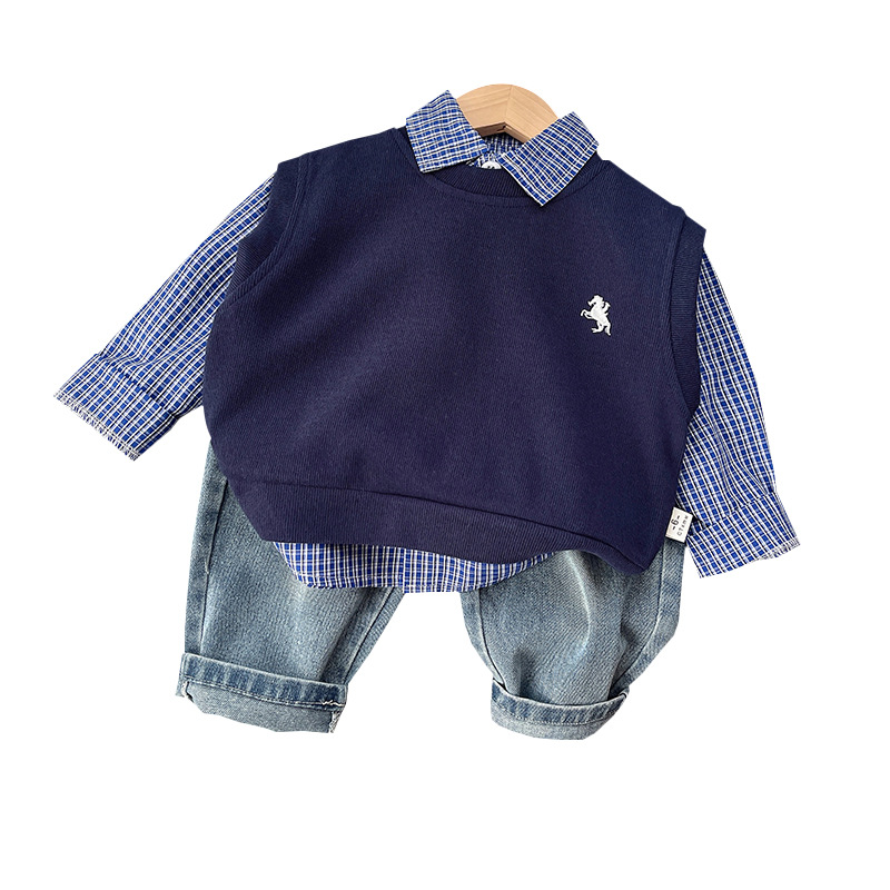 2025 New Spring Toddler Boys 3-Piece Set Sweater Vest Long-Sleeve Outfit Trendy Fashion for Spring & Autumn