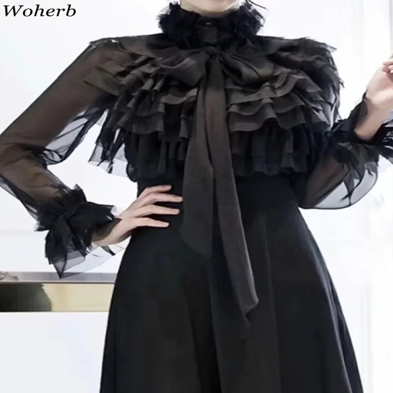 Camisas De Mujer Women Vintage Chiffon Blouse Flare Sleeve Shirts Stand Neck Loose See Through Sweet Ruffles Blusas Tops 250103