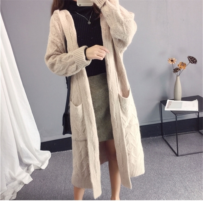 Women Long Sleeve Hooded Long Sweater Loose Knitted Sweater Coat Women Thick Cardigans Long Sweater Jumper Women Cape 201030wtt