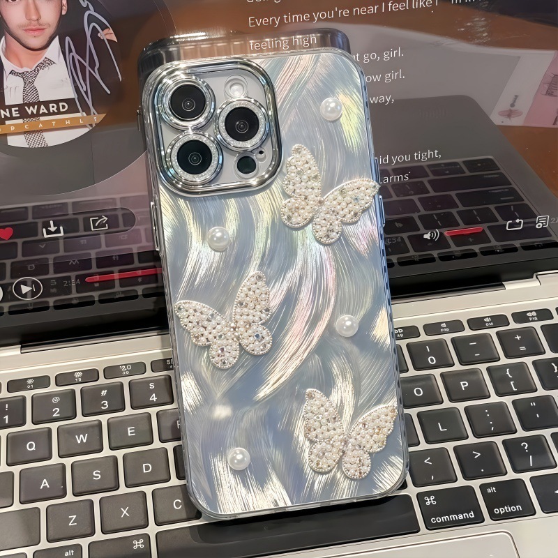for iPhone 17 Pro Max Case Cute Bling for Women Girls, Luxury 3D Butterfly Design Shiny Glitter Rhinestone Pearl Camera Shockproof Protective Phone Ca