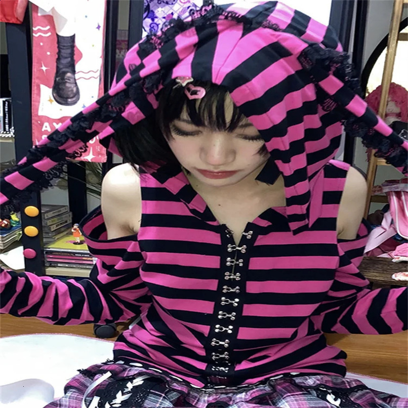 Striped print Goth Grunge hoodie pink black Gothic rabbit ear womens fairy Harajuku Kawaii ultrathin Egirl top 240902w