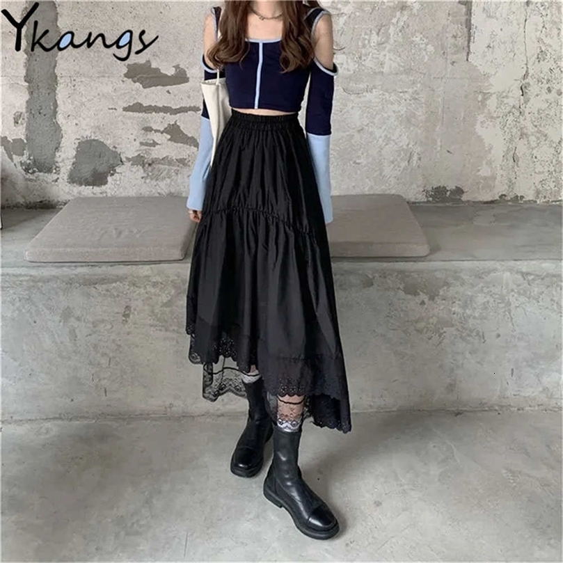 Dark Academia 3-Layer Mesh Lace Tull Skirt Black Gothic Stitching Irregular Pleated Skirt Women White High Waist Long Saia 210619wtt
