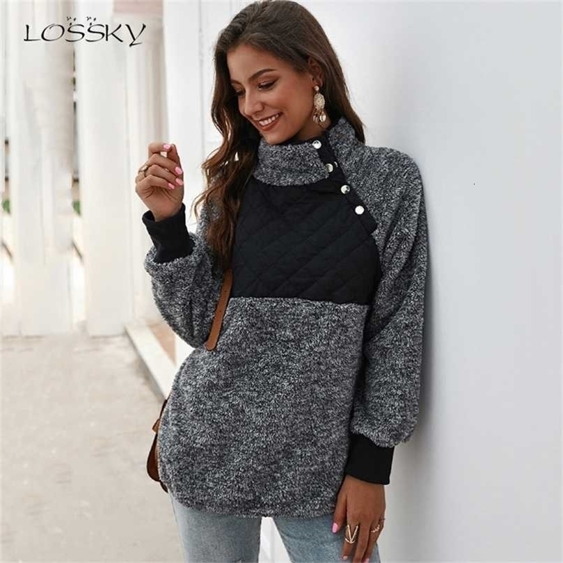 Lossky Sweatshirt Long Sleeve Patchwork Color Fahsion Autumn Winter Pullover Black Ladies Plush Warm Tops Clothing 211104wtt