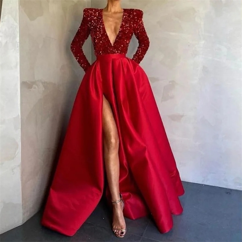 Woman Sexy Deep VNeck Party Dress Evening Ball Gown Dresses Sequins Long Sleeves Split Prom 250208wtt