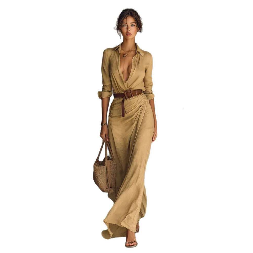 2025 European and American Women's Fashion Autumn Elegant Temperament Sexy Solid Color Irregular Pleated Slit Dress