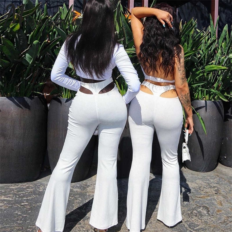 Missakso Hollow Out Flare Pants Y2K Summer Women Black White Sexy High Waist Stretchy Skinny Trousers Streetwear Party 210625wtt