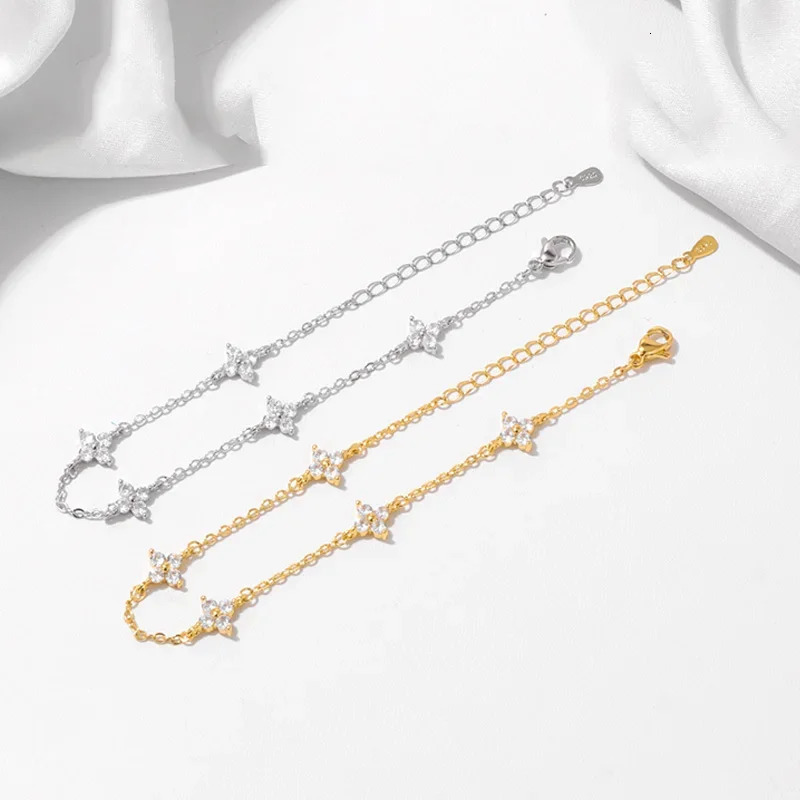 925 Silver Plated Cz Fourleaf Flower Bracelet for Women Girl Cute Dainty Adjustable Link Chain Bracelet Trend 18k Gold Jewelry 250928