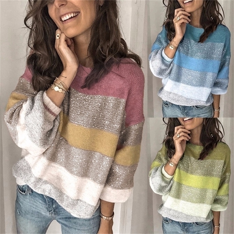 European and American Women's Fall/winter New Loose Round Neck Multicolor Stitching Sweater Top 201111wtt
