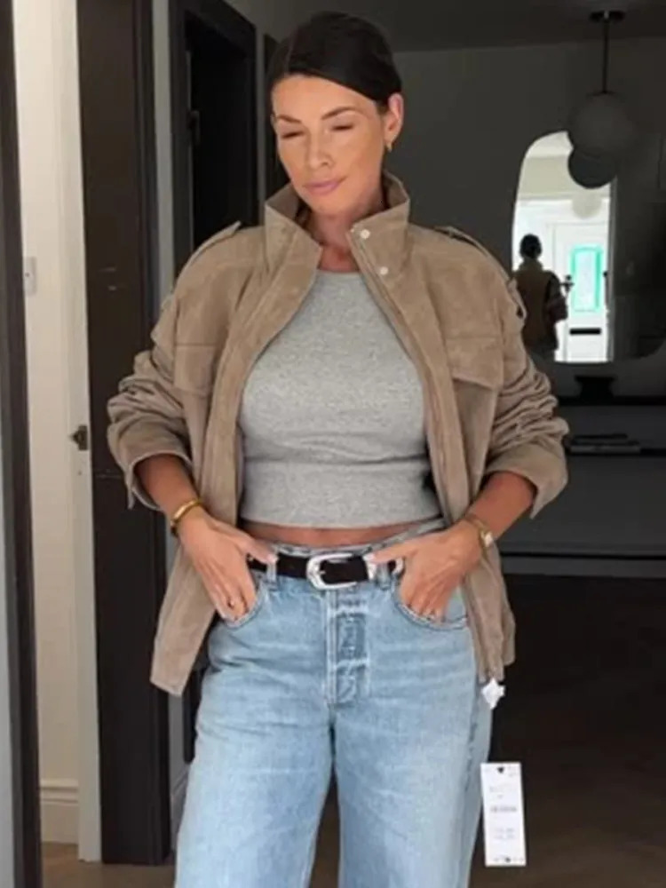 Womens Vintage Suede Bomber Jacket Loose Stand Collar Zipper Pockets Long Sleeve Female Coat 2025 Autumn Lady Casual Streetwear 250929