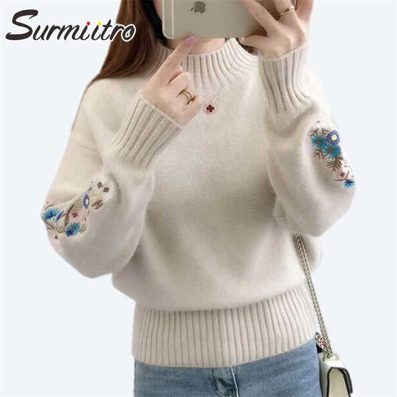 SURMIITRO Korean Women Turtleneck Autumn Winter Knitted Embroidery Jumper Women Sweaters And Pullovers Female Knitwear 210712wtt