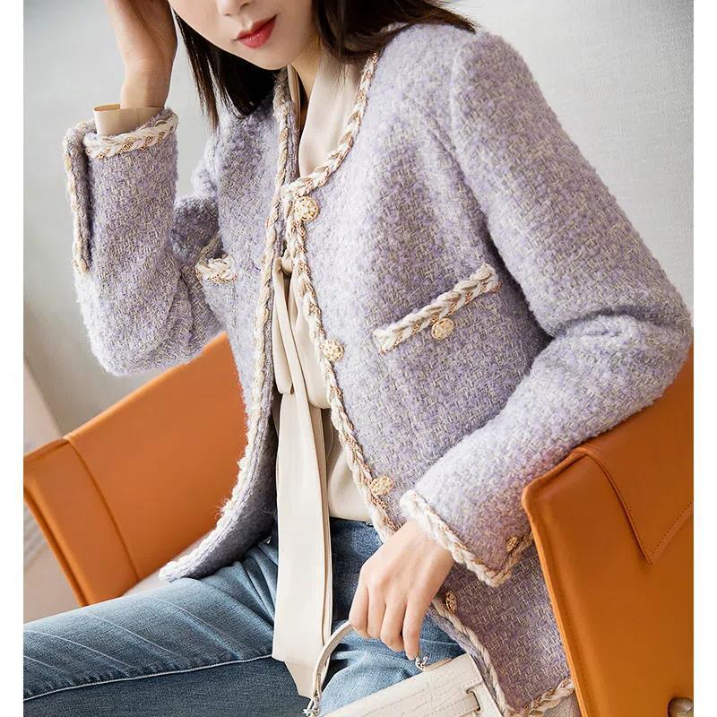 2025 European fashion style women's clothing lavender tweed cardigan top composite short design designer small autumn and winter coarse wool coat