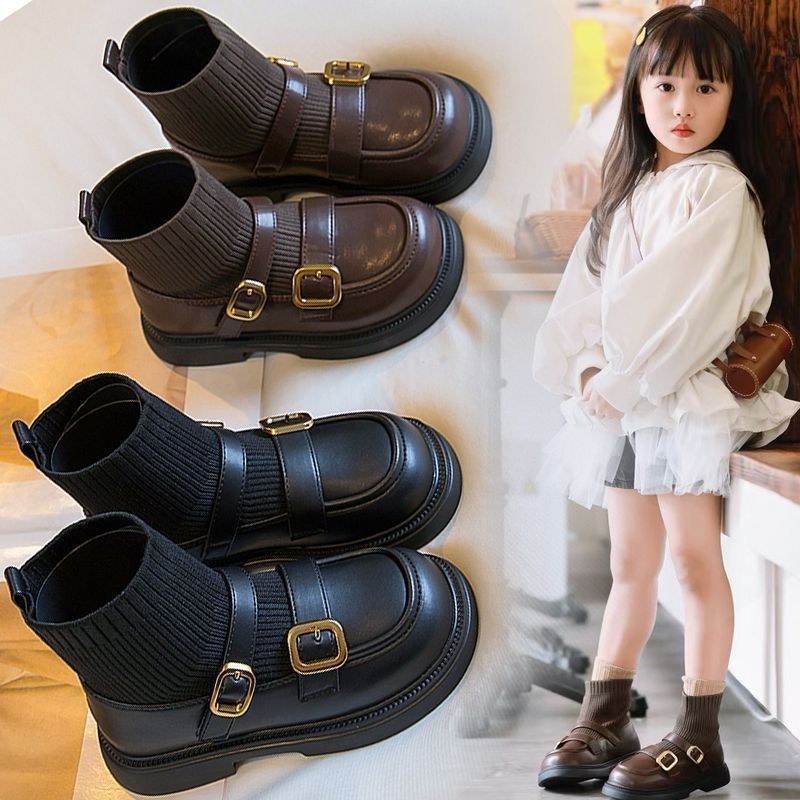 Autumn Winter Kids Fashion Boots Youth Buckle PU Knitted Girls Ankle Shoes Umshop Slip On Soft Bottom Toddler Socks Boots Sizes 23 - 36 U0292
