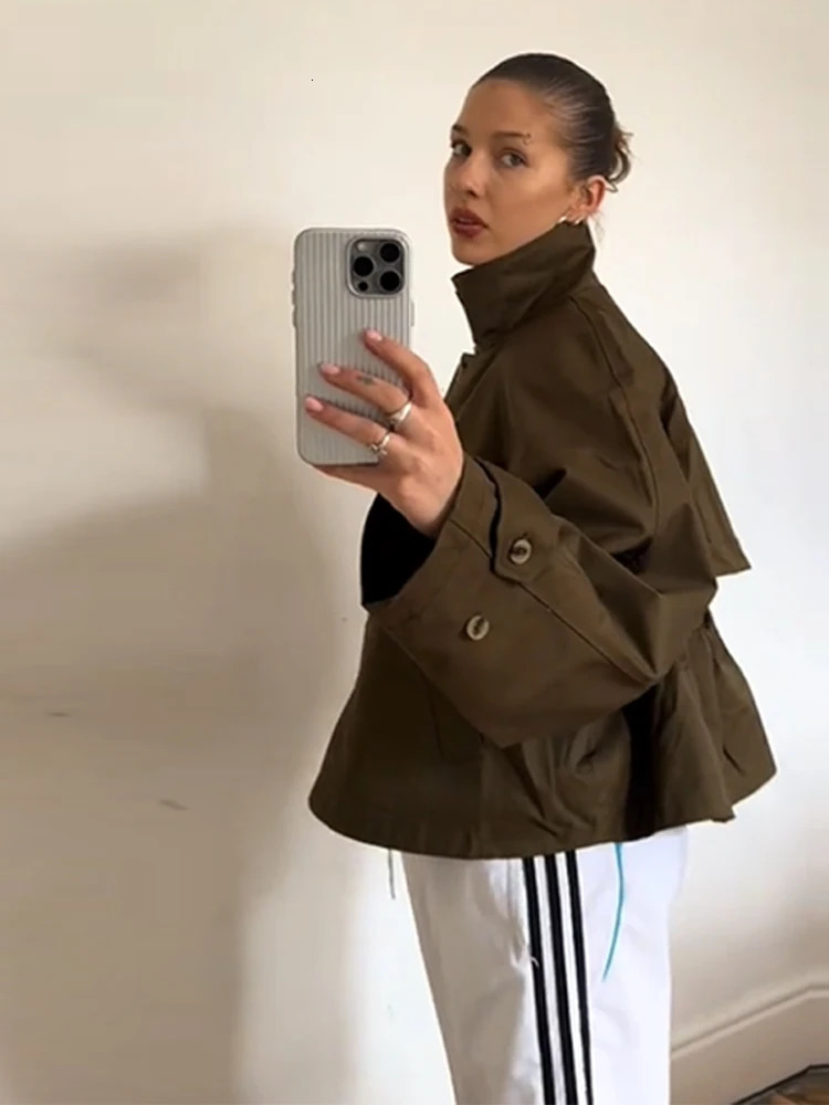 Fashion Womens Trench Jacket Stand Collar Single Breasted Long Sleeve Casual Outerwear 2025 Autumn Street Lady Short Coats 250929