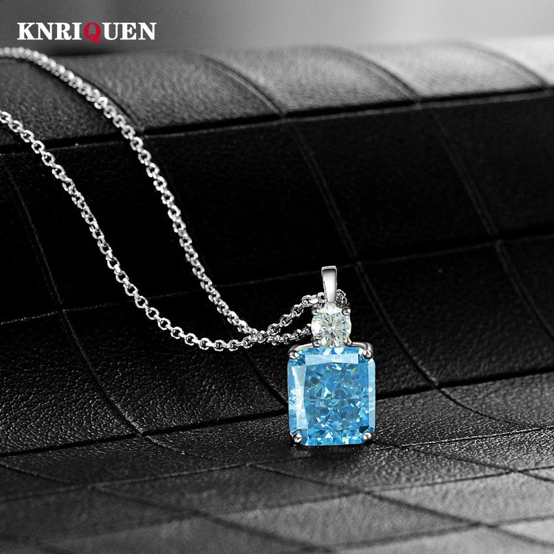 y 100% 925 Sterling Silver 910mm Aquamarine High Carbon Diamond Pendant Necklace for Women Wedding Party Fine Jewelry Gift 241226