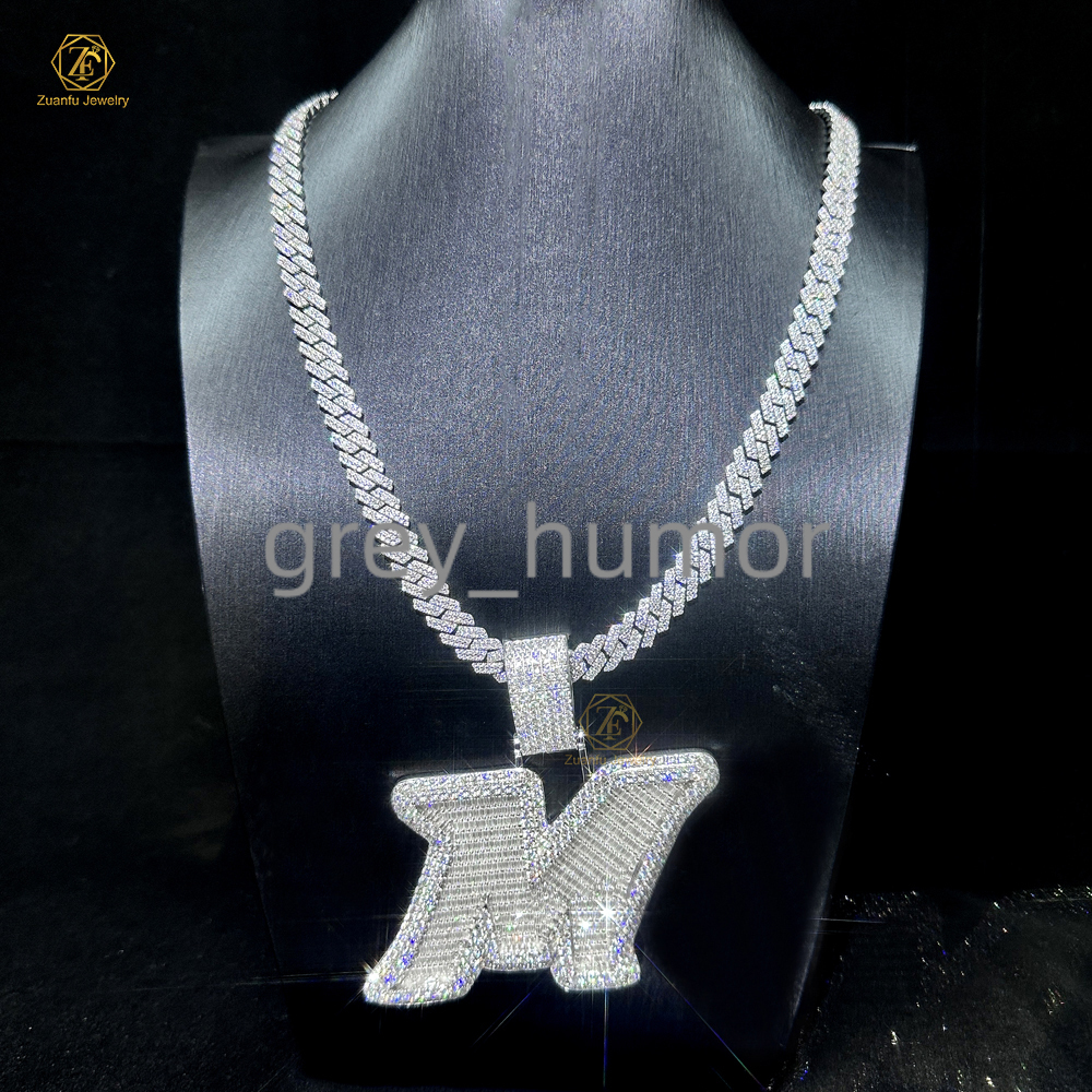 Newest Custom Personalized Hip Hop Jewelry Sterling Silver Initial Letter M Iced Pendant Cuban Chain Moissanite 925 Parties