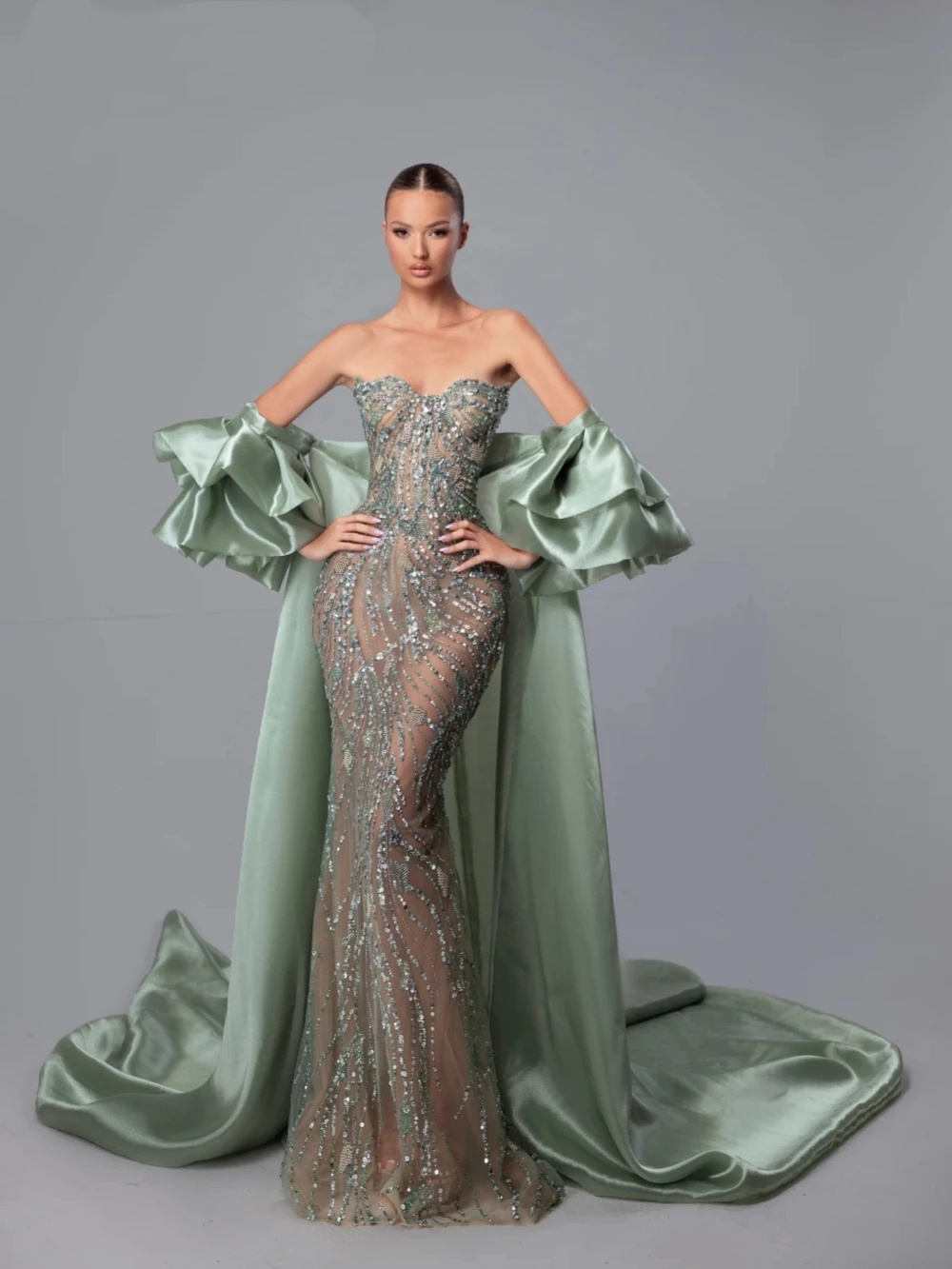 Stylish Mermaid Sequins Strapless Evening Dresses Illusion Prom Detachable Cape Party Dress Customized Vestidos de noche Plus Size
