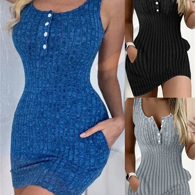Button Front With Pocket Tank Dress Elegant Sleeveless Bodycon For Spring Summer Womens Clothing 250208wtt