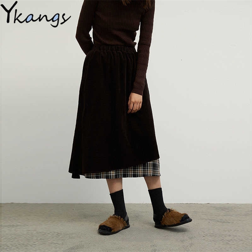 Japanese Spring Women Corduroy Plaid Long Skirt Korean Ladies Elastic Casual High Waist A-Line Skirts Fashion Streetwear 210619wtt