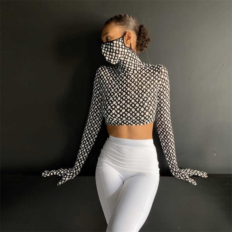 High Street Sexy Turleneck With Gloves Crop Top For Women Skinny Sexy Print Spring Short T Shirts Tees Tops Female Blusas 210625wtt