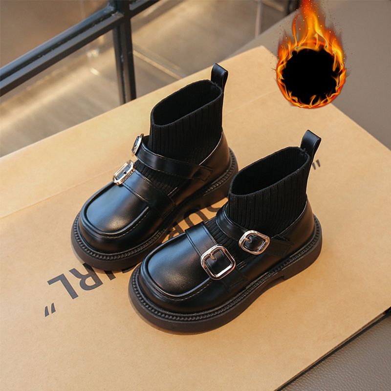 Autumn Winter Kids Fashion Boots Youth Buckle PU Knitted Girls Ankle Shoes Umshop Slip On Soft Bottom Toddler Socks Boots Sizes 23 - 36 U0292