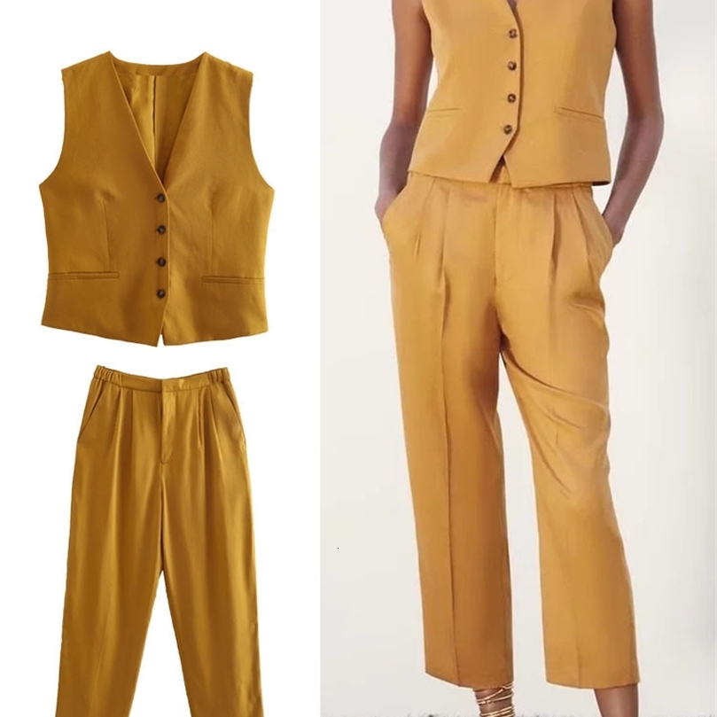 Womens Two Piece Pants TRAF Women 2 Pieces Commute Suit Sets Vest With Pocket Casual Pleated Fashion Office 230209wtt