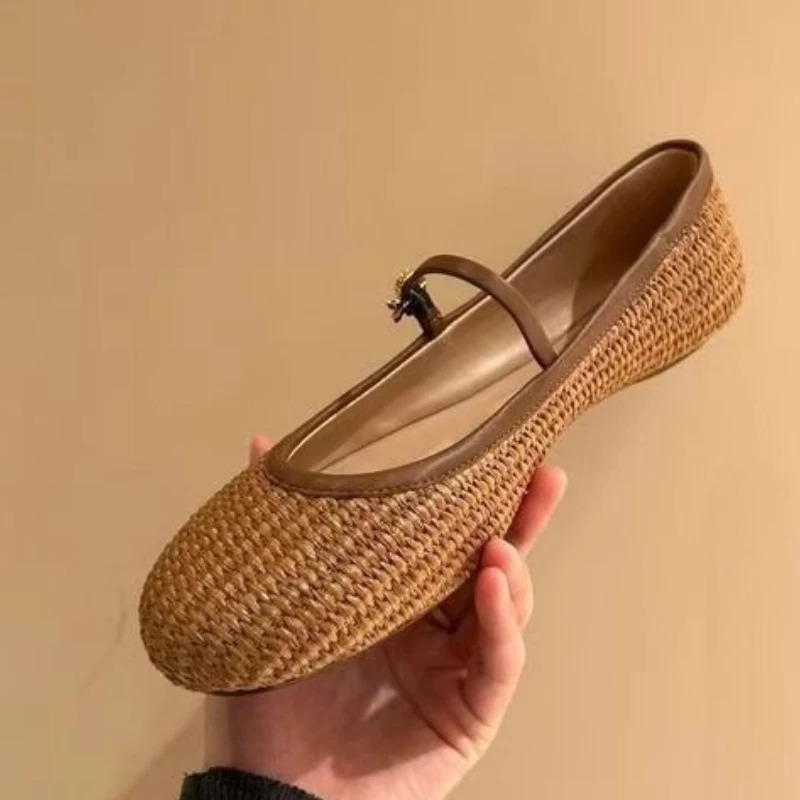 Spring Summer 2025 Style Shoes Weaving Hollow Out Sandals Square Toe Buckle Strap Flats Shoes Women 250930