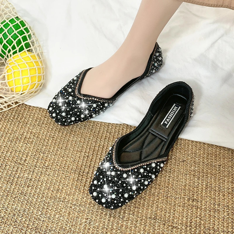 Glitter crystal pearl studs ballet shoes women square toe slip on loafers cozy shallow cutout ballerina flats moccasins female 250930