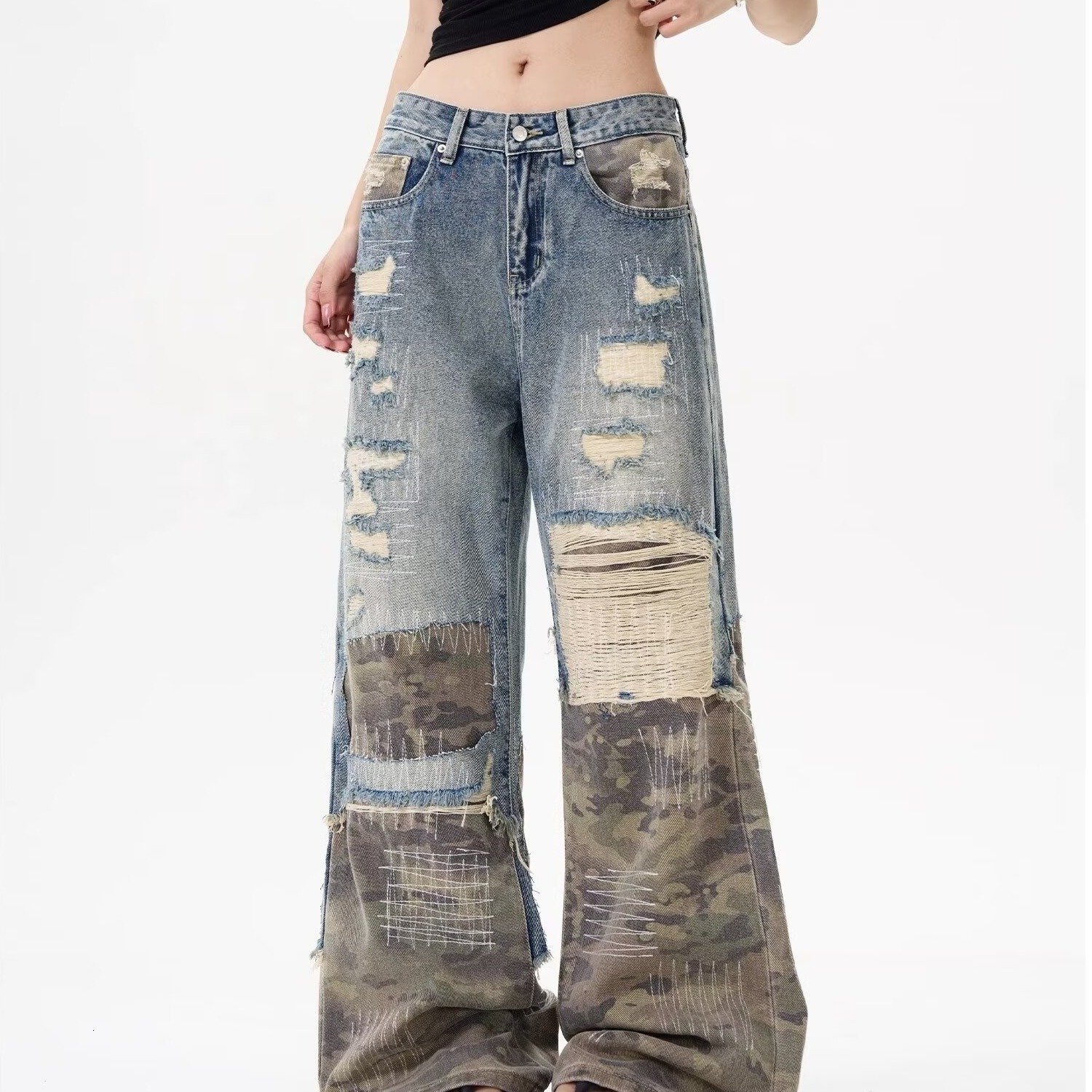 Gothic Men Women Vintage Leopard Jeans Y2K Clothes Hip Hop Letter Patchwork Embroidery Baggy Shorts Mid-rise Wide Leg Trousers 250731