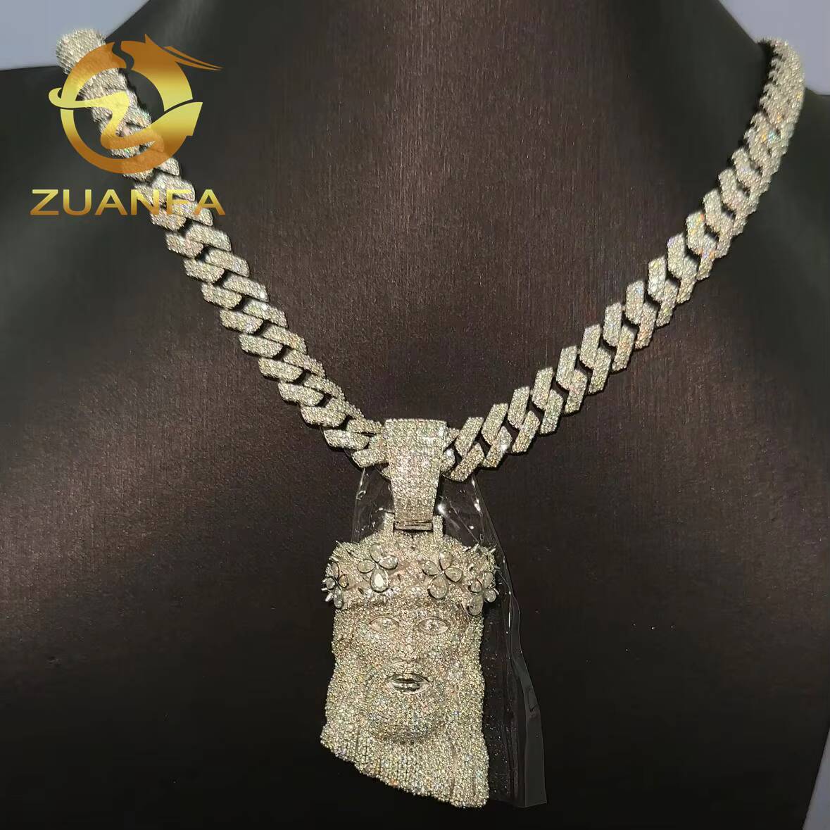 Fast Shipping 10mm Cuban Link Moissanite Chain Hip Hop Jewelry with Jesus Head Pendant Cuban Link 925 Silver Iced Out Cuban Set