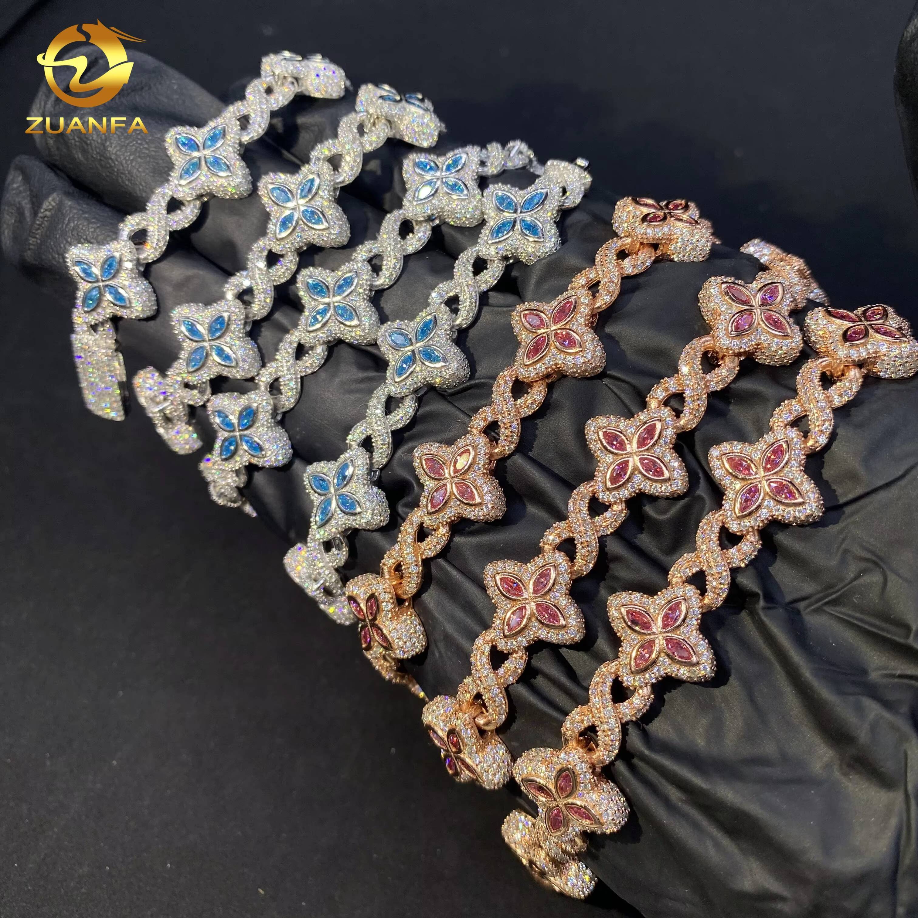 15mm Hot Sale Hip Hop Jewelry Marquise VVS Moissanite 925 Silver Iced Out Clover Bracelet Blue Pink Diamond Cuban Chain Necklace