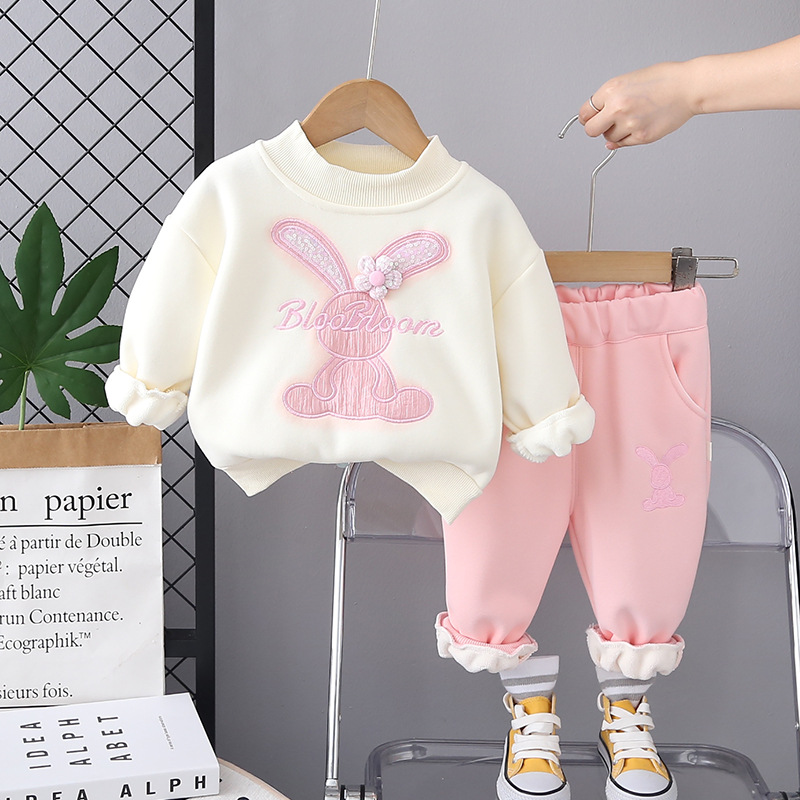 Toddler Girls' Winter Fleece-Lined Hoodie Set 2025s Korean-Style Fashion Thickened 2 Piece Outfit for Babies Pink Purple Khaki