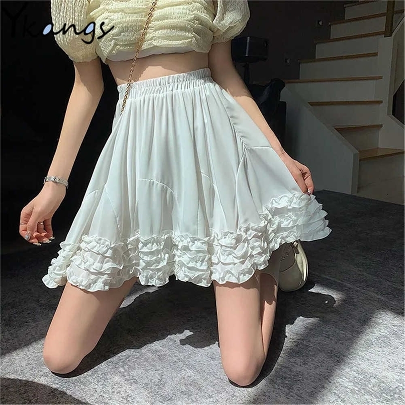 Ruffled Short Pleated Skirt Women Solid White High Waist Mini A-Word Skirt Summer Korean Fashion Casual Mini Skirt Streetwear 210619wtt
