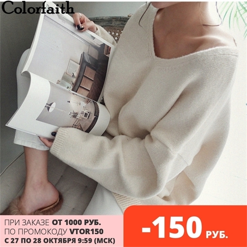 Colorfaith Autumn Winter Women's pullover Oversize Sweaters V-Neck Long Sleeve Minimalist Korean Knitted Pink Tops SW8108 201030wtt